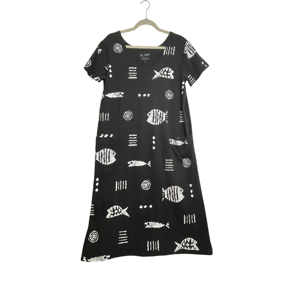 M. Mac Fish Print Cotton T-Shirt Dress L Black White Pockets Coastal Nautical